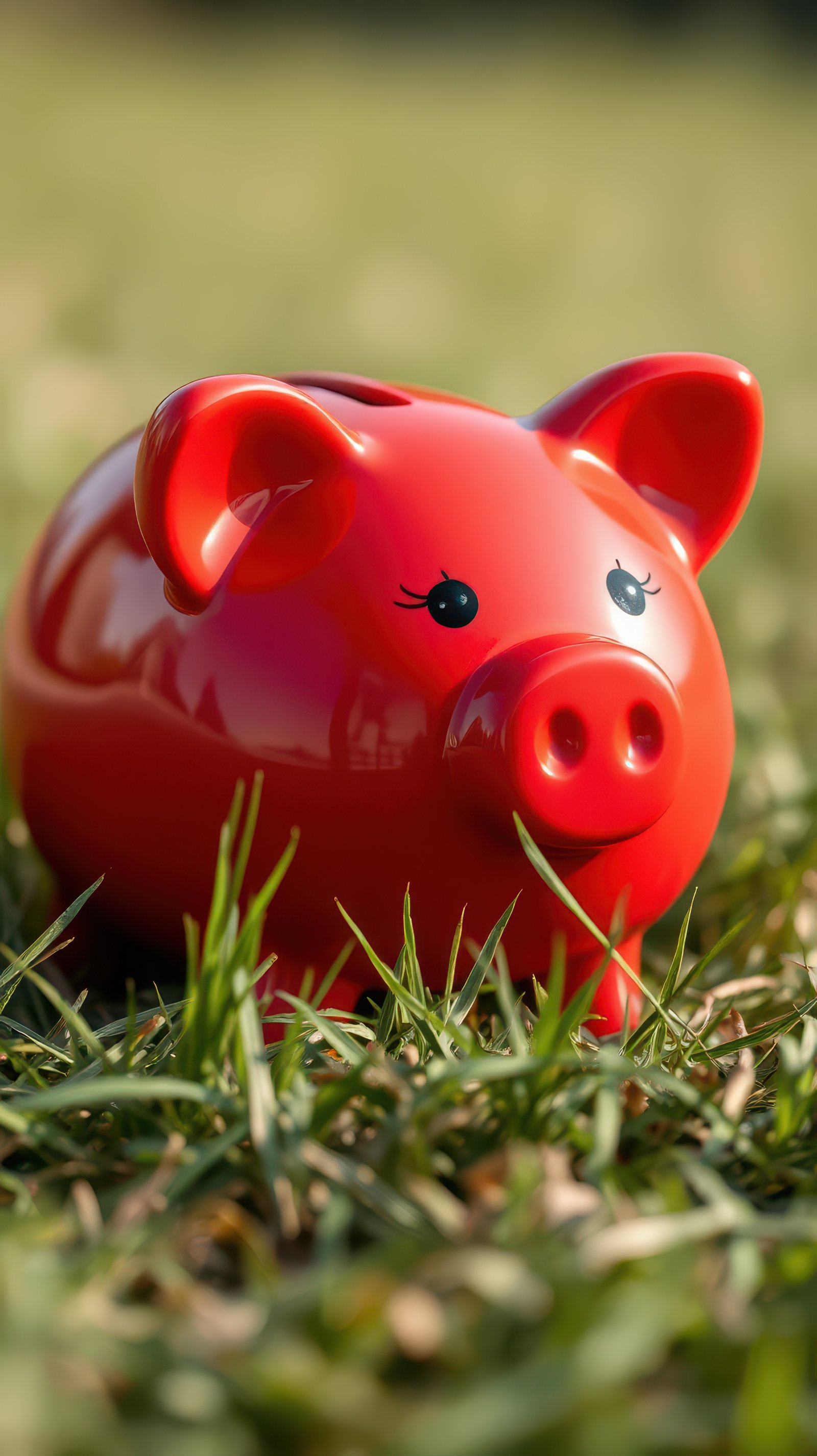 Bright red piggy bank resting on lush green grass in a sunny outdoor setting